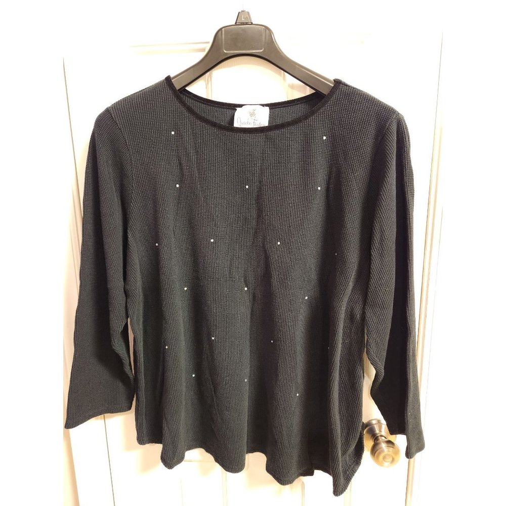 Quacker Factory Shirt Waffle Weave Iridescent Studs On Front Velvet Trim Sz 1X